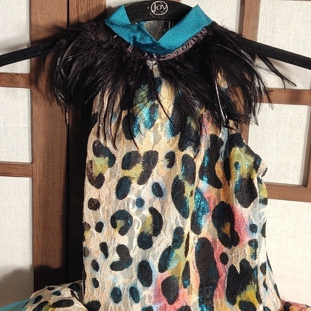 Sparkly Multicolor Leopard Print Tutu with Feather Trim at the Neck